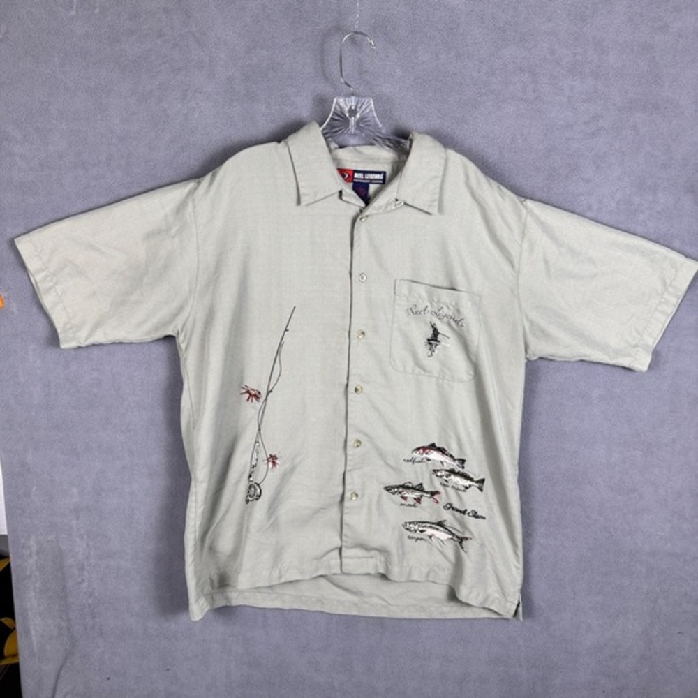 Reel Legends Mens Size‎ L Short Sleeve Embroidered Fish Grand Slam Button Beige